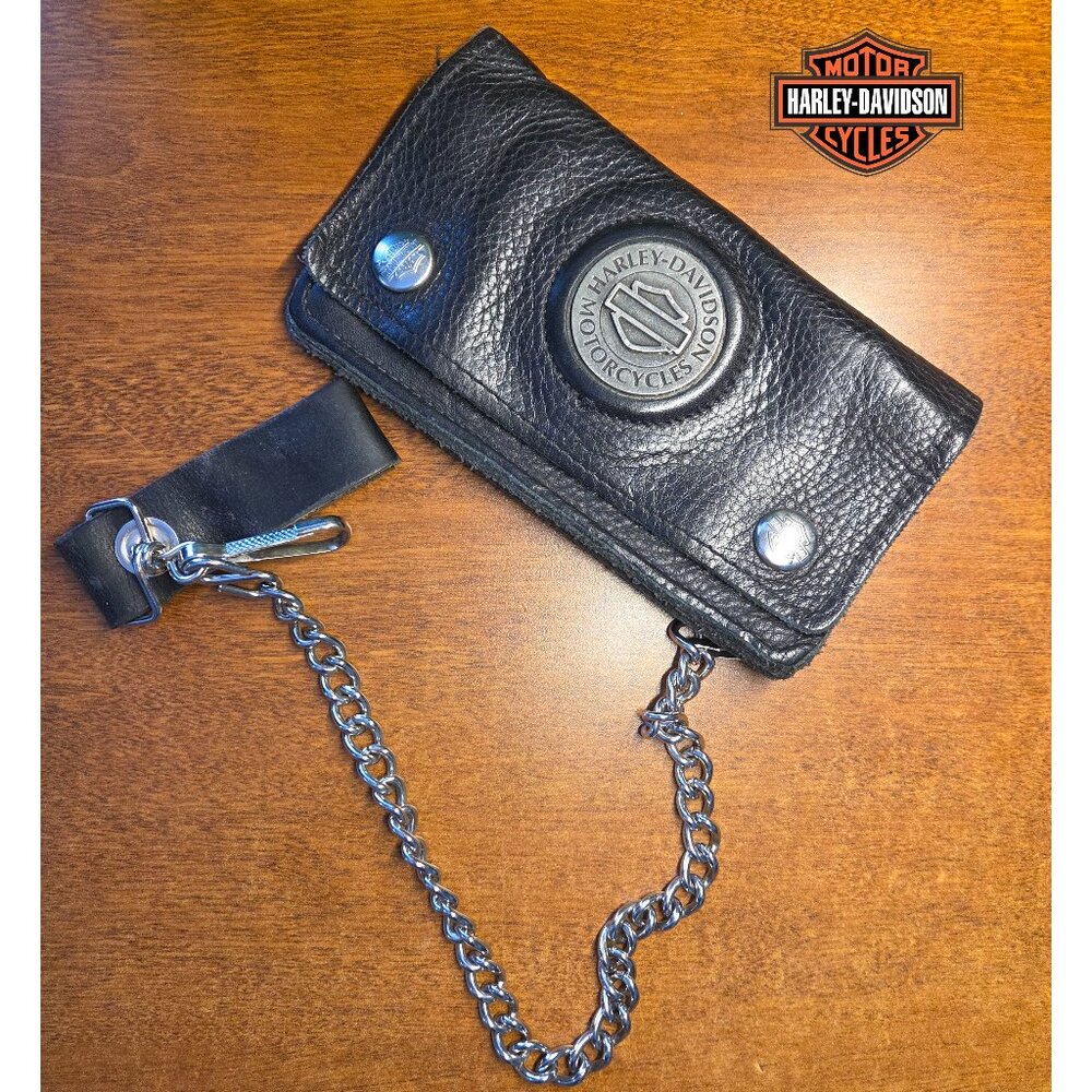 Harley-Davidson Black Leather Trucker Wallet w/ Chain & Bar & Shield Logo